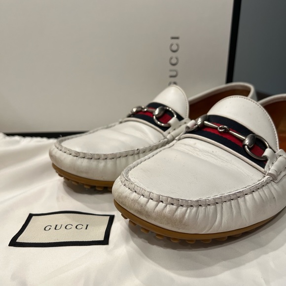 AUTHENTIC GUCCI MENS WHITE LEATHER LOAFERS - Picture 2 of 11